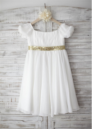 Short Sleeves Ivory Chiffon Boho Beach Wedding Flower Girl Dress